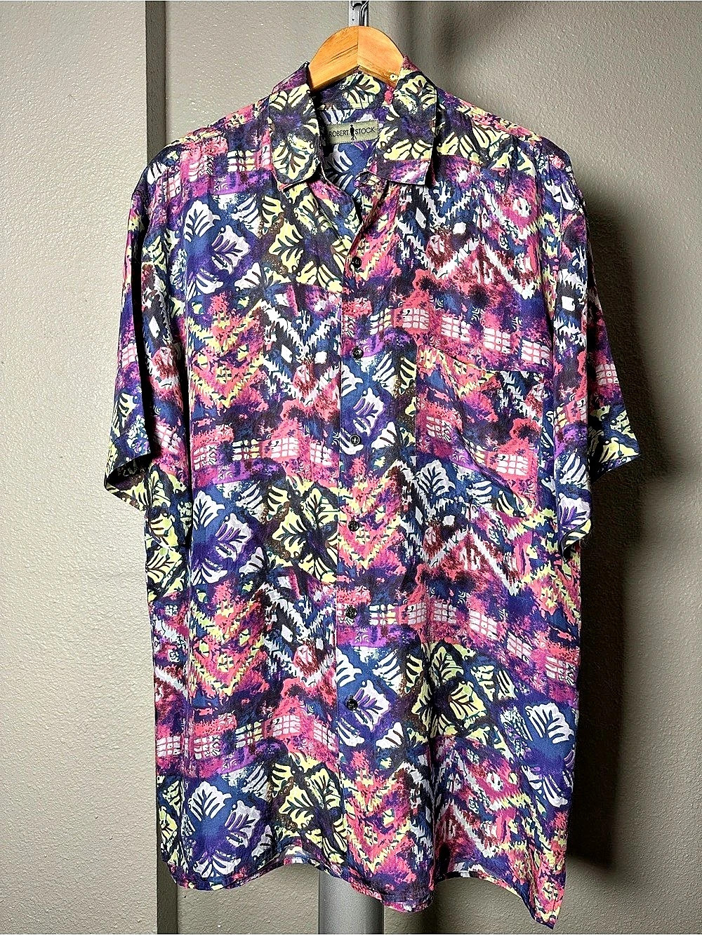 Vintage Robert Stock Geometric 100% Silk Shirt Purple Pink XL tropical